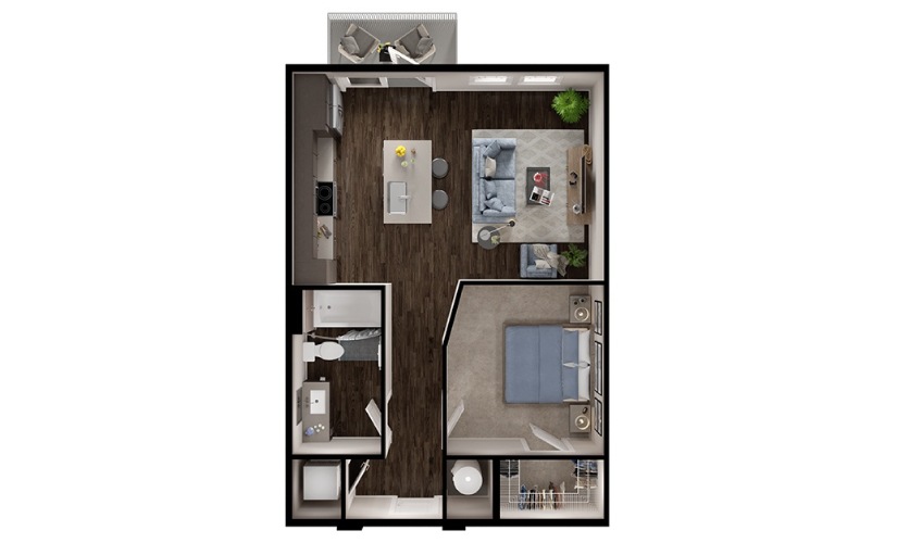 A1p - 1 bedroom floorplan layout with 1 bathroom and 630 square feet