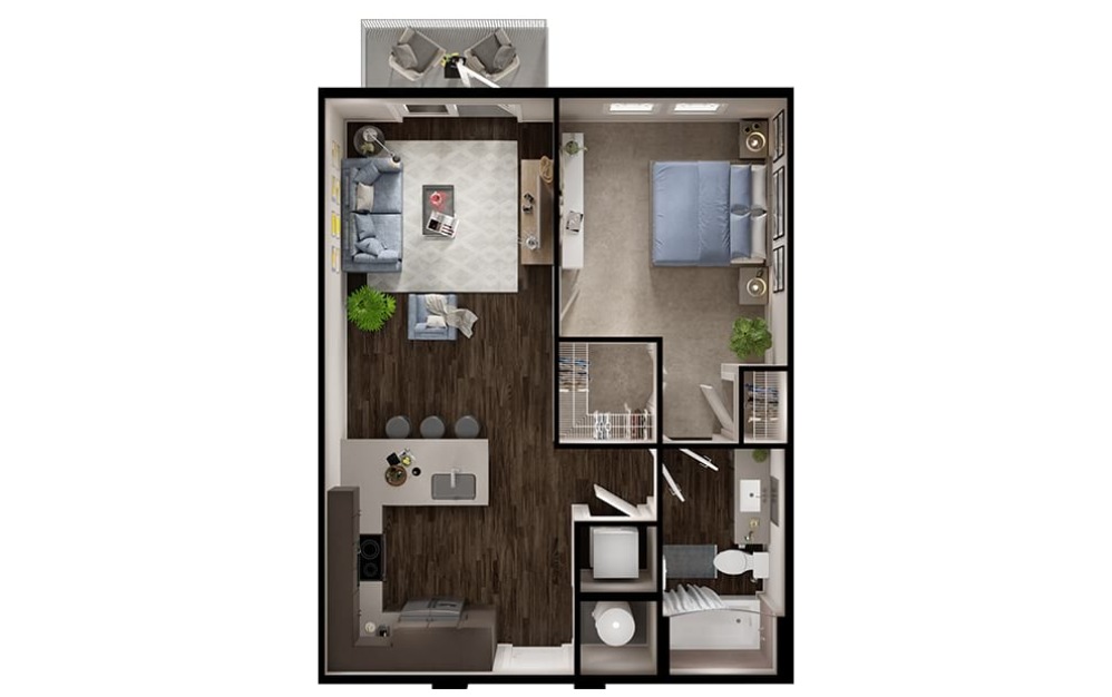 A2p - 1 bedroom floorplan layout with 1 bathroom and 663 square feet (3D)