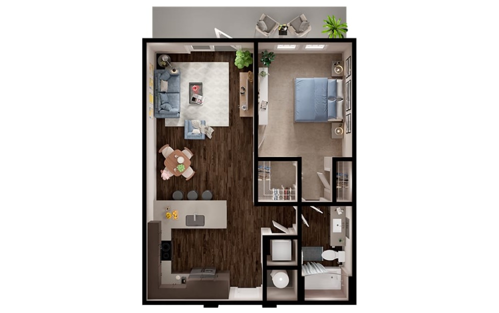 A3p - 1 bedroom floorplan layout with 1 bathroom and 745 square feet (3D)