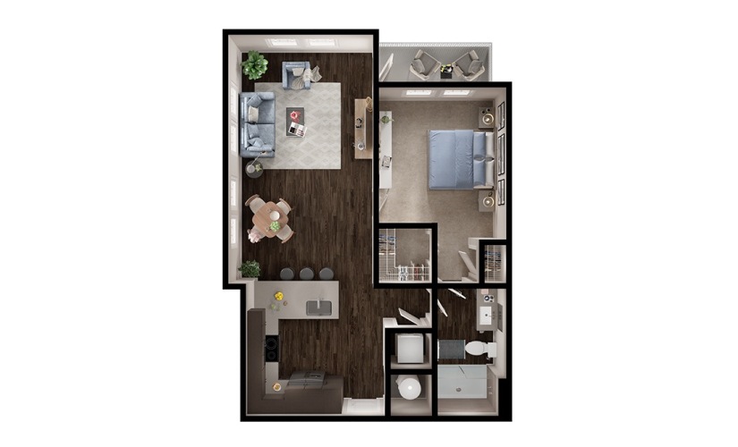 A4p - 1 bedroom floorplan layout with 1 bathroom and 750 square feet