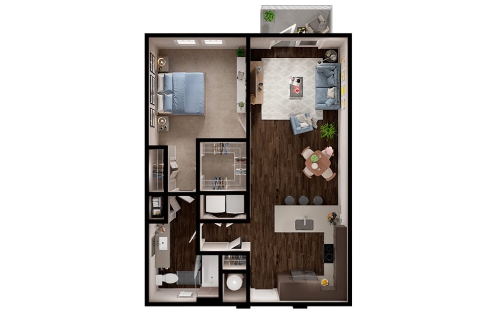 A5p - 1 bedroom floorplan layout with 1 bathroom and 796 square feet (3D)