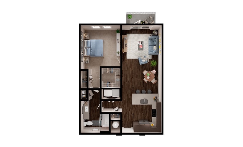 A5p - 1 bedroom floorplan layout with 1 bathroom and 796 square feet