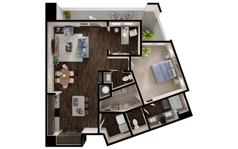 A9 - 1 bedroom floorplan layout with 1 bathroom and 1063 square feet (3D)