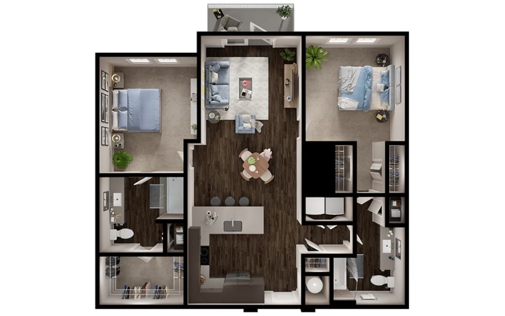 B1 - 2 bedroom floorplan layout with 2 bathrooms and 1138 square feet (3D)