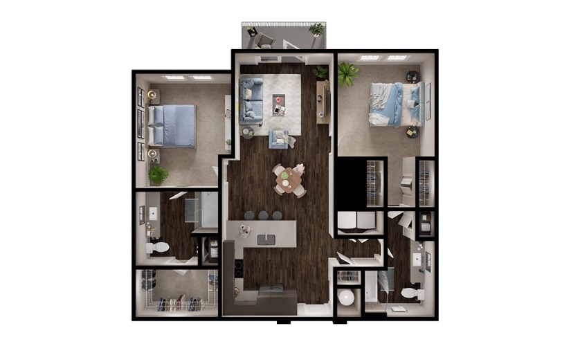 B1 - 2 bedroom floorplan layout with 2 bathrooms and 1138 square feet