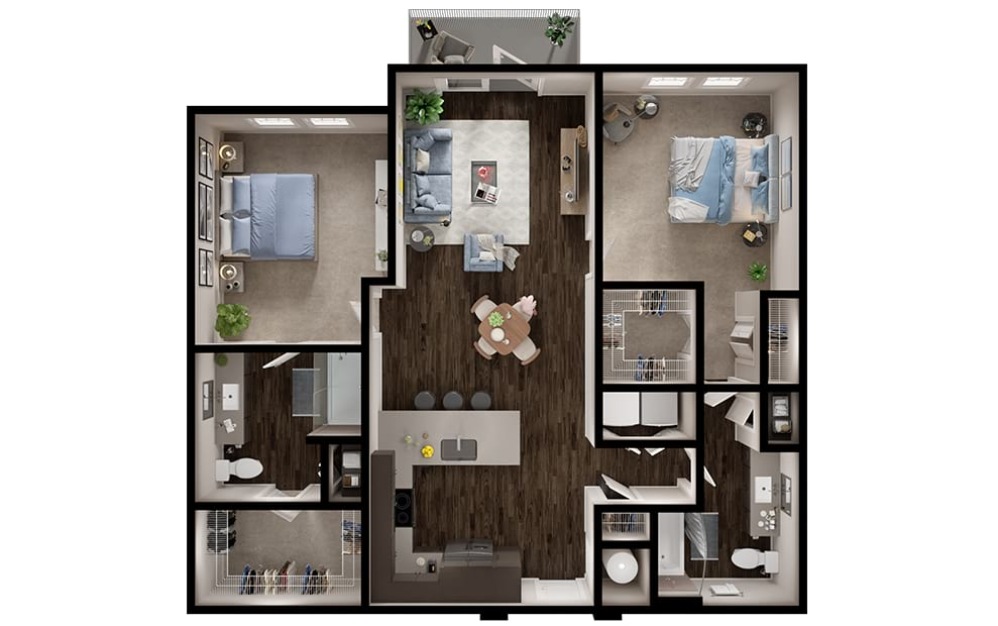 B2 - 2 bedroom floorplan layout with 2 bathrooms and 1157 square feet (3D)