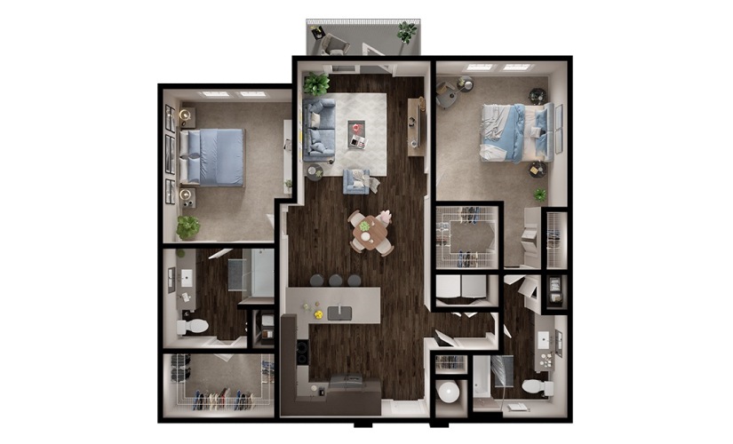 B2 - 2 bedroom floorplan layout with 2 bathrooms and 1157 square feet