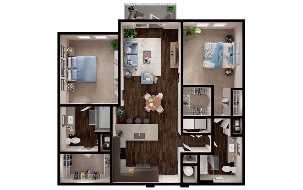 B3 - 2 bedroom floorplan layout with 2 bathrooms and 1157 square feet (3D)