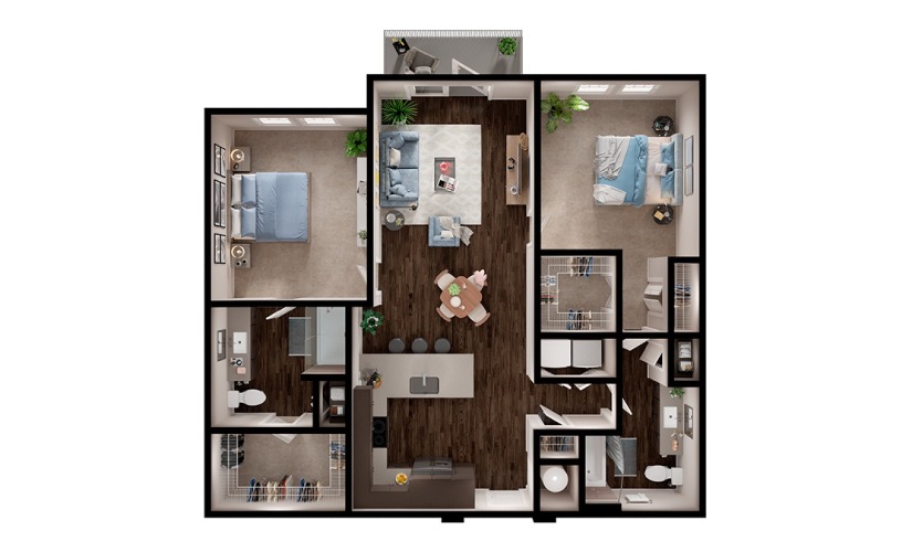 B3 - 2 bedroom floorplan layout with 2 bathrooms and 1157 square feet