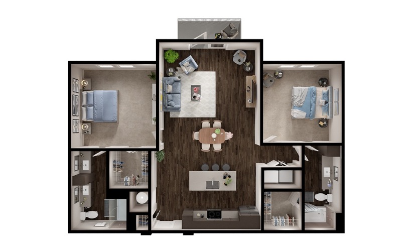 B4 - 2 bedroom floorplan layout with 2 bathrooms and 1270 square feet