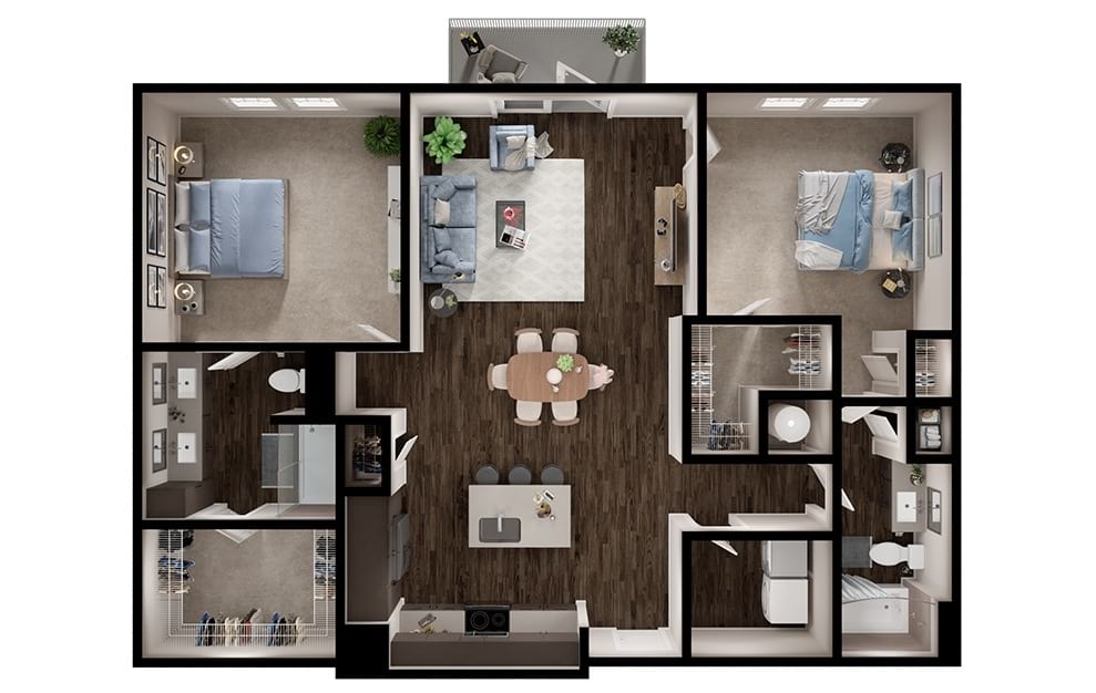 B5 - 2 bedroom floorplan layout with 2 baths and 1284 square feet. (3D)