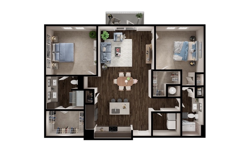 B5 - 2 bedroom floorplan layout with 2 bathrooms and 1284 square feet