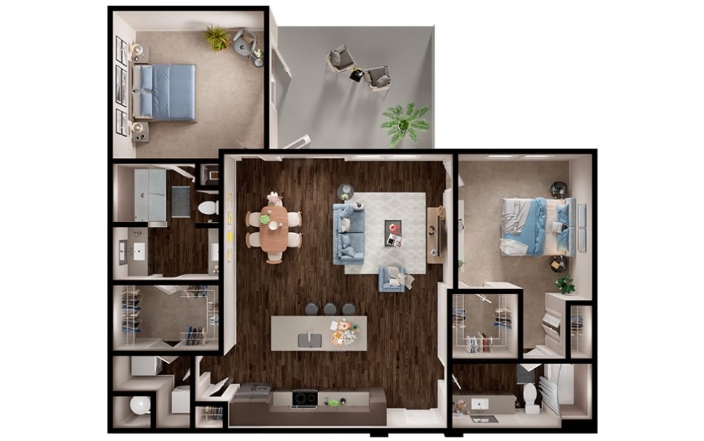 B6 - 2 bedroom floorplan layout with 2 bathrooms and 1315 square feet (3D)