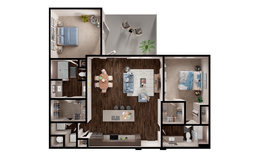 B6 - 2 bedroom floorplan layout with 2 bathrooms and 1315 square feet