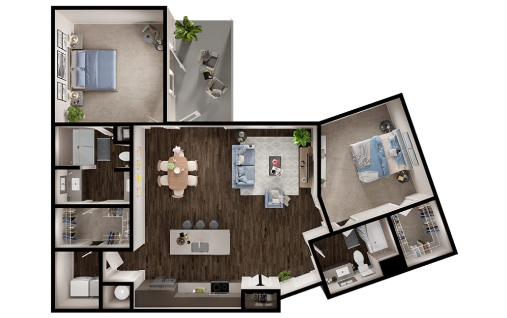 B7 - 2 bedroom floorplan layout with 2 bathrooms and 1325 square feet (3D)