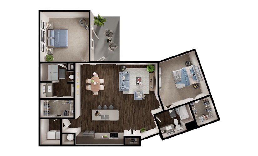 B7 - 2 bedroom floorplan layout with 2 bathrooms and 1325 square feet